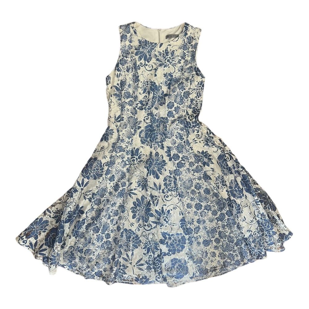 Danny and Nicole Blue/Cream Lace Dress Womens Sleeveless Knee Length Zip Back 4